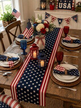 Preppy Patriotic stars and stripes table runner Americana Cottagecore 13"x72"